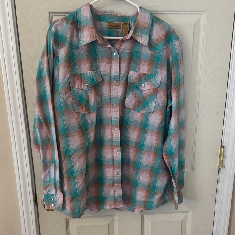 Wrangler Women's Plaid Shirt - Turquoise and Pink